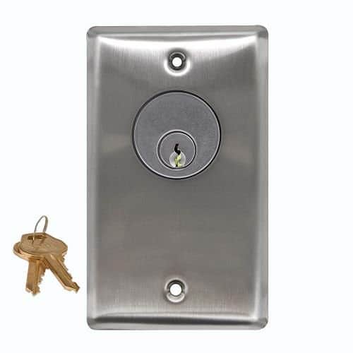 Metallic door lock with keys on a white background