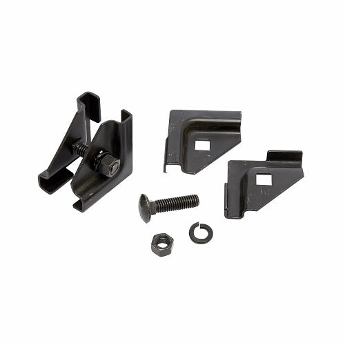 Set of black metal brackets and screws on a white background