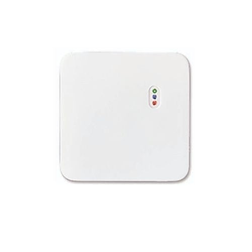 White electronic device with colored indicator lights on a white background