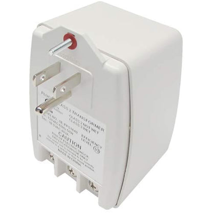 White electrical transformer with label on a white background