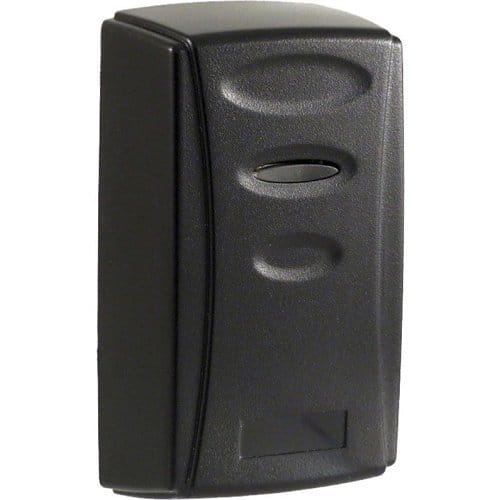 Dark charcoal-grey electronic access control reader on a white background