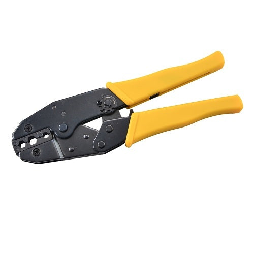 Crimping tool with yellow handles on a white background