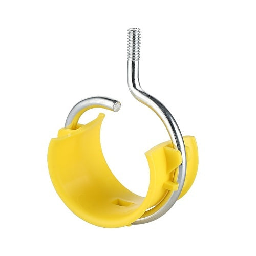 Yellow plastic clamp with metal hook on a white background