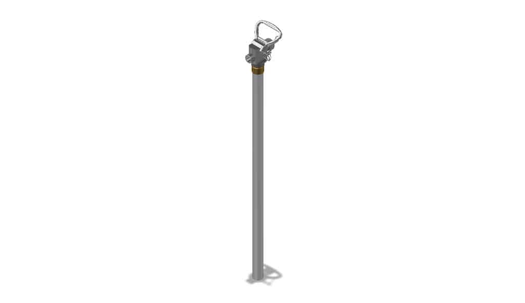 A metallic industrial valve or quick-disconnect fitting with an integrated handle, set against a plain, light gray background