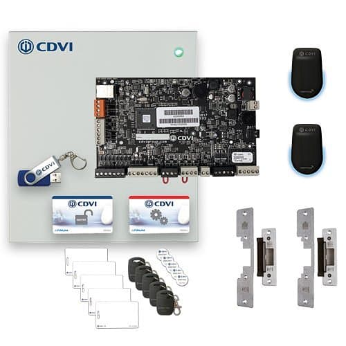 CDVI security system components including a motherboard, key fobs, and locks on a white background.