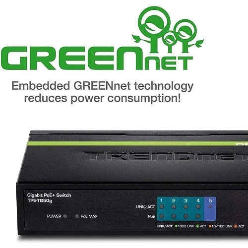Network switch with GREENnet technology branding on a white background