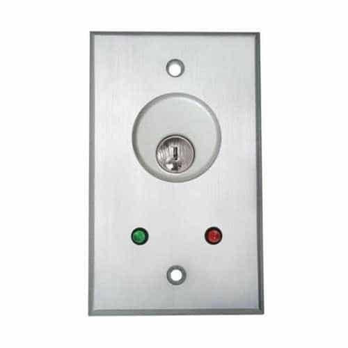 Metallic wall plate with a key hole and indicator lights on a white background