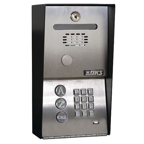 Metallic door intercom system with keypad on a white background