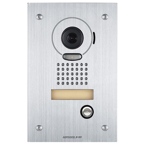 Metallic doorbell panel with camera and speaker on a white background