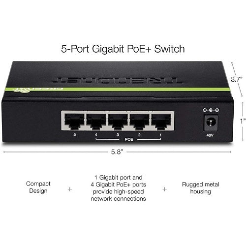 5-port Gigabit PoE+ switch with dimensions and features on a white background