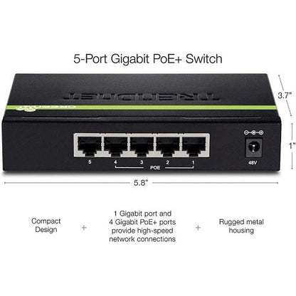 5-port Gigabit PoE+ switch with dimensions and features on a white background