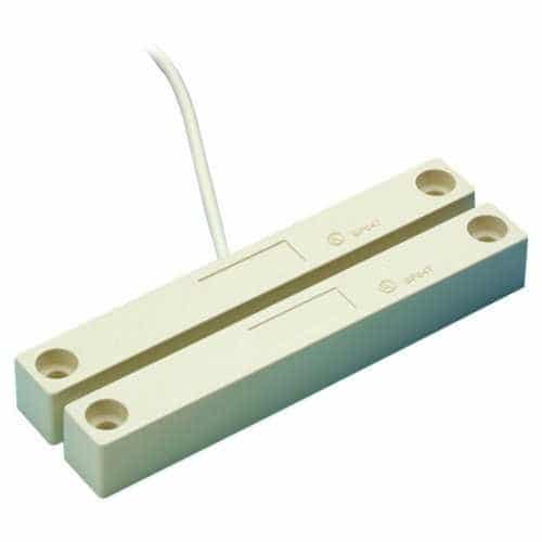 A wired surface-mount magnetic contact sensor on a white background