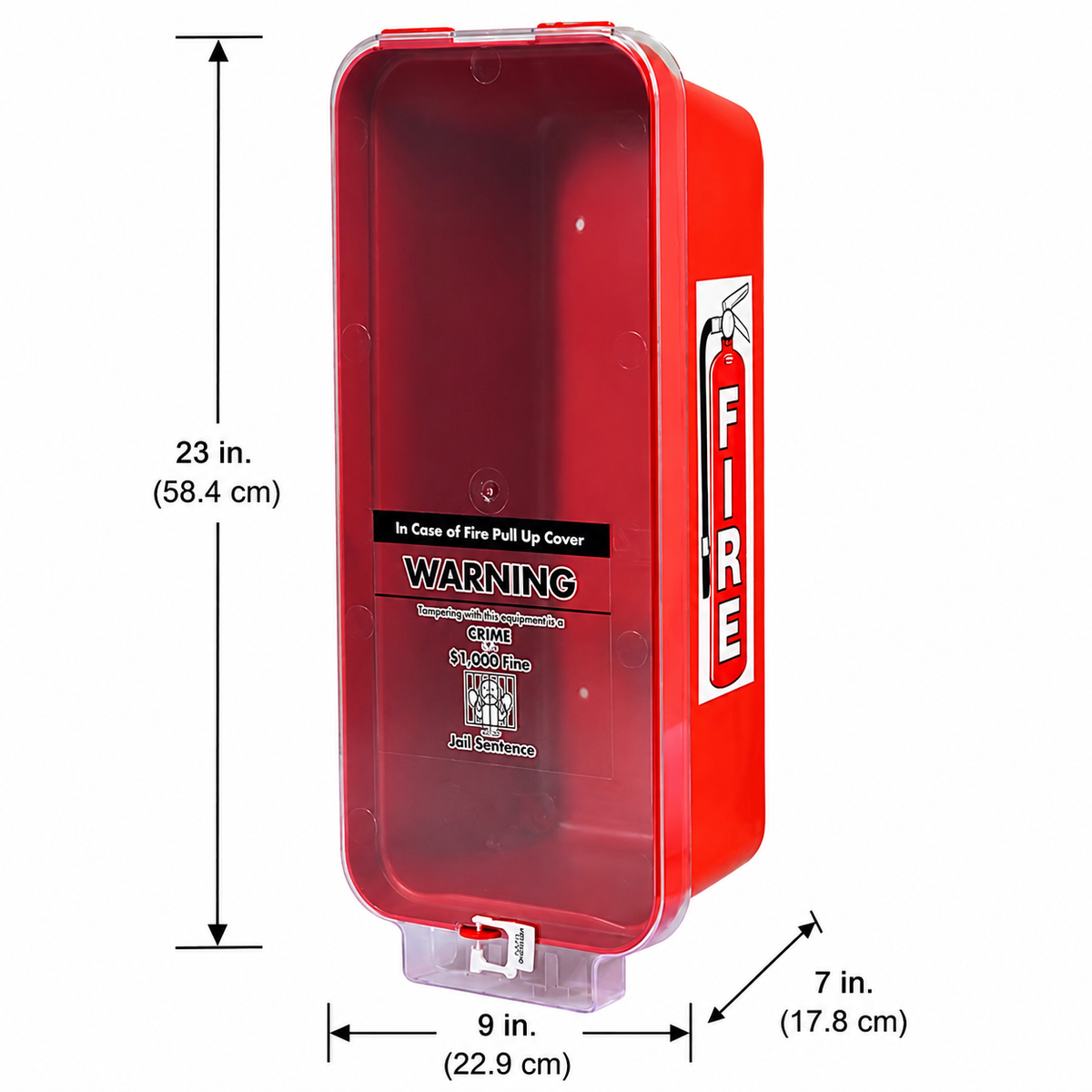 Red fire extinguisher cabinet with dimensions labeled on a white background
