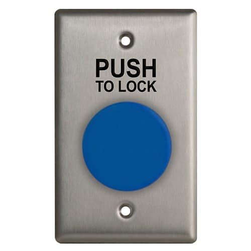 Camden CM-420B-8 Single Gang Faceplate, N/O and N/C Contacts, Blue Button with 'PUSH TO LOCK', Black Text