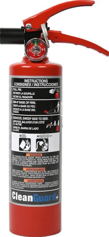 Red fire extinguisher with label on a white background