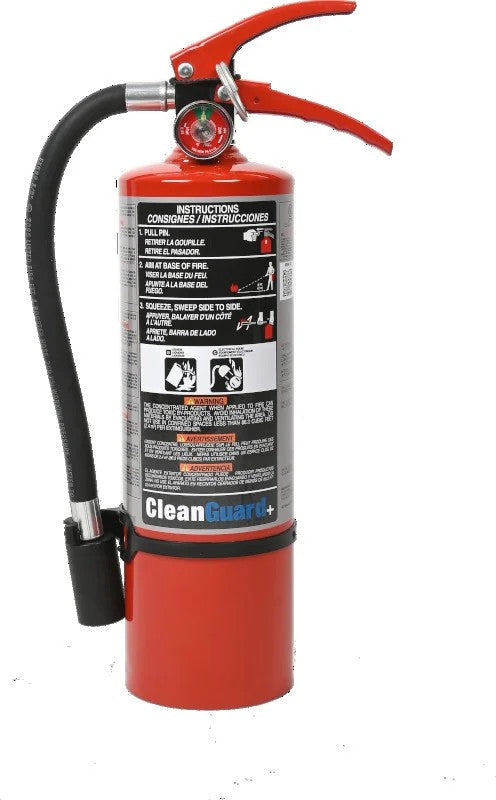 Red fire extinguisher with black hose on a white background