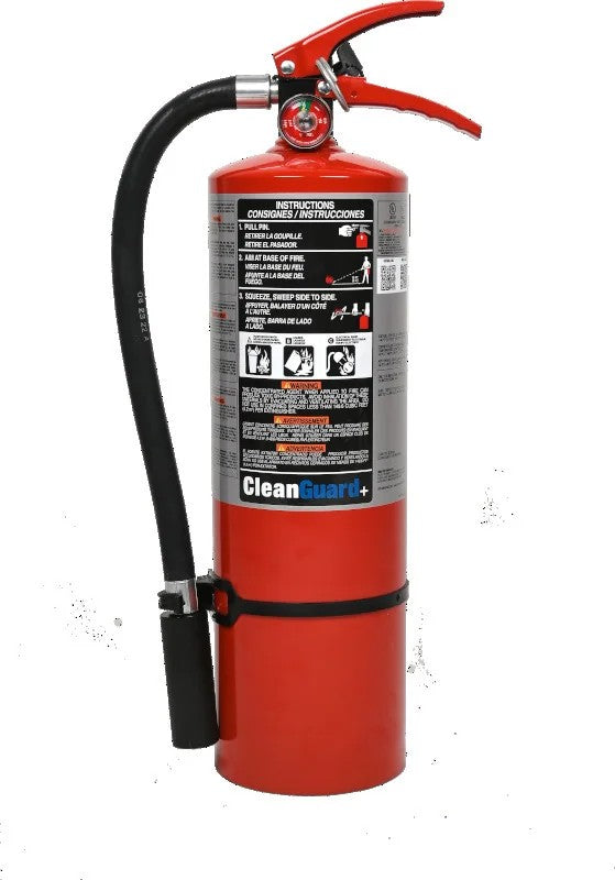 Red fire extinguisher with label on a white background