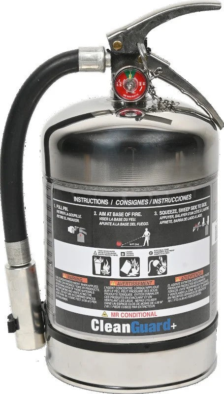 Fire extinguisher with CleanGuard label on a white background