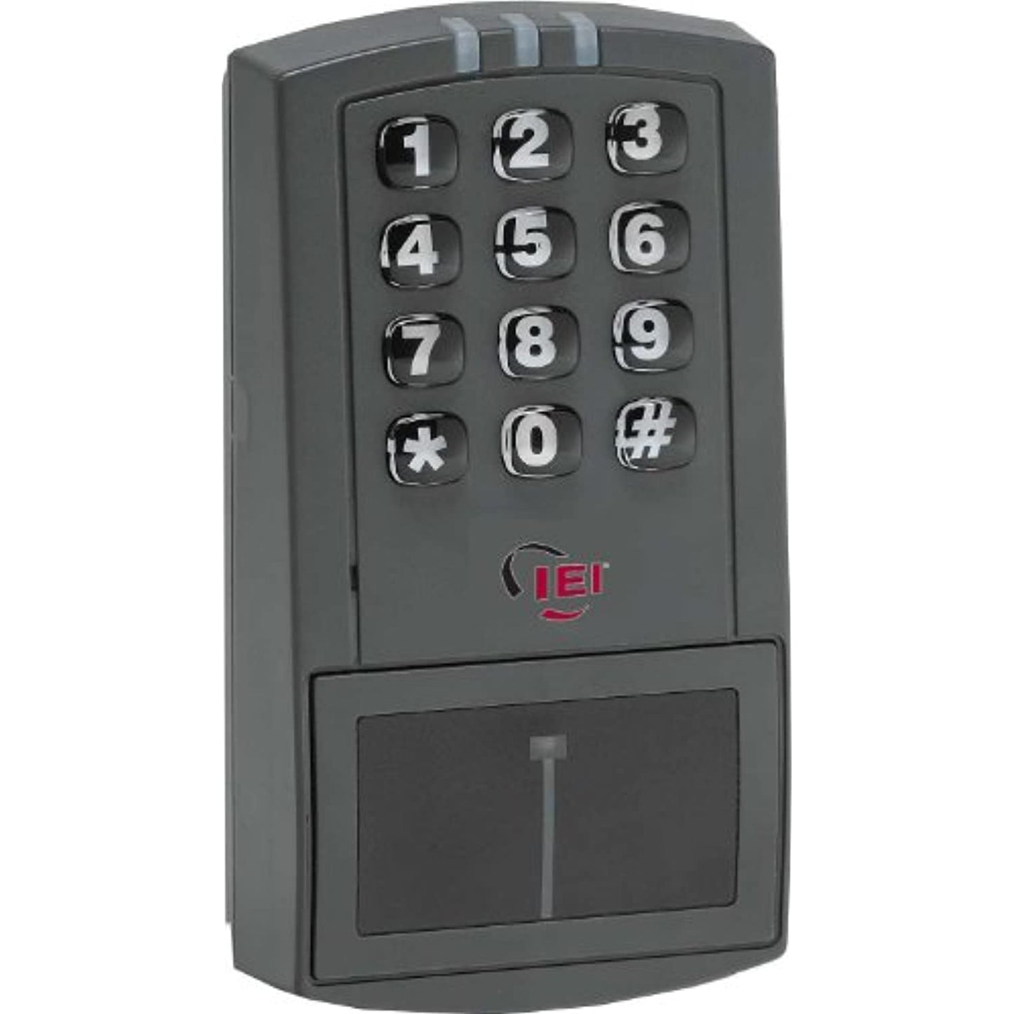 Electronic keypad with numerical keys and a brand logo on a white background