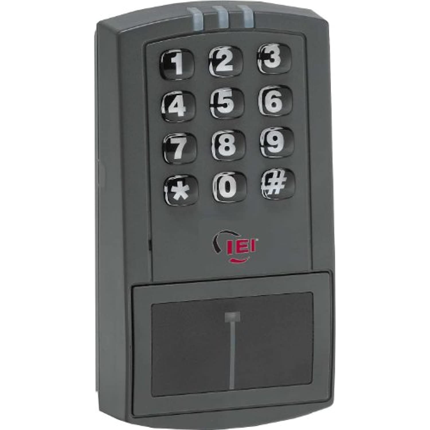 Electronic keypad with numerical keys and a brand logo on a white background