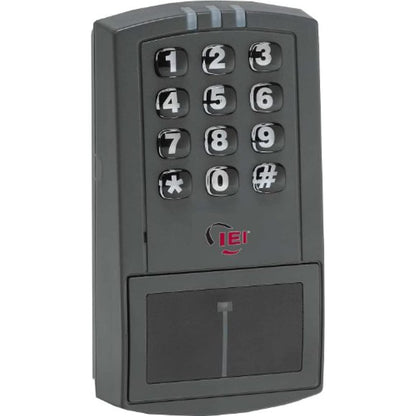 Electronic keypad with numerical keys and a brand logo on a white background