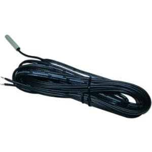 Coiled black cable with a small sensor or probe on a white background