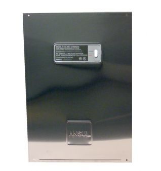 Metallic surface with Ansul logo and power adapter on a white background