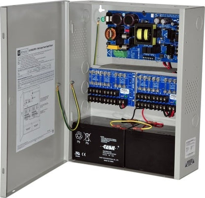 Electrical panel with wiring and components inside a metallic enclosure