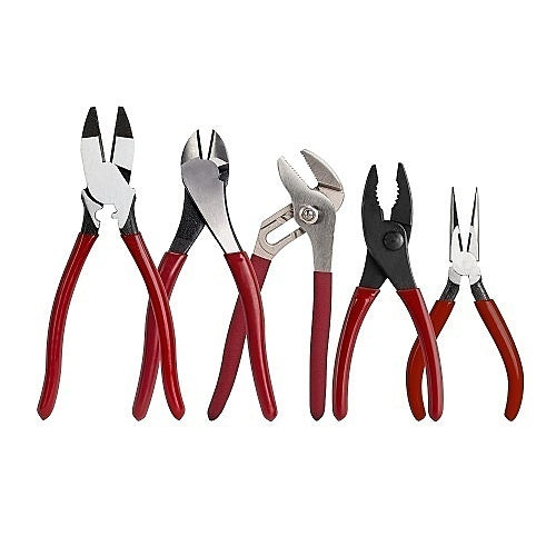 Set of five pliers with red handles on a white background