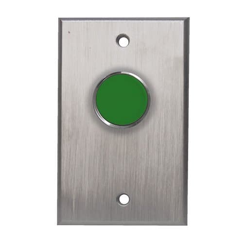 Metallic push button with green center on a white background