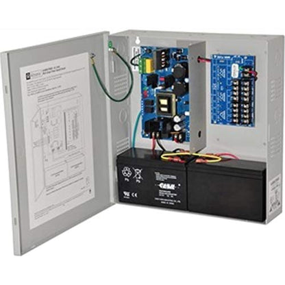 gray metal box open showing electronic components on white background 