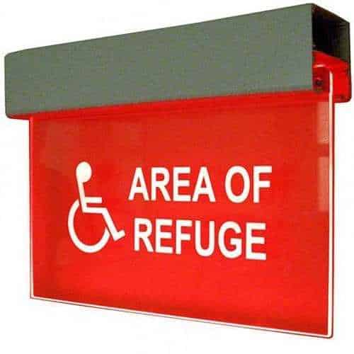 Red sign with wheelchair icon and 'Area of Refuge' text on a white background