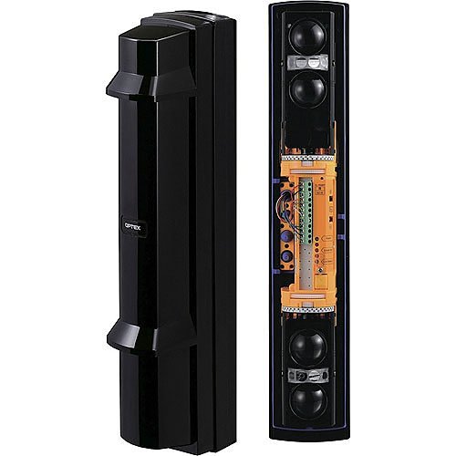 Two views of an Optex outdoor security sensor, commonly known as a photoelectric beam detector