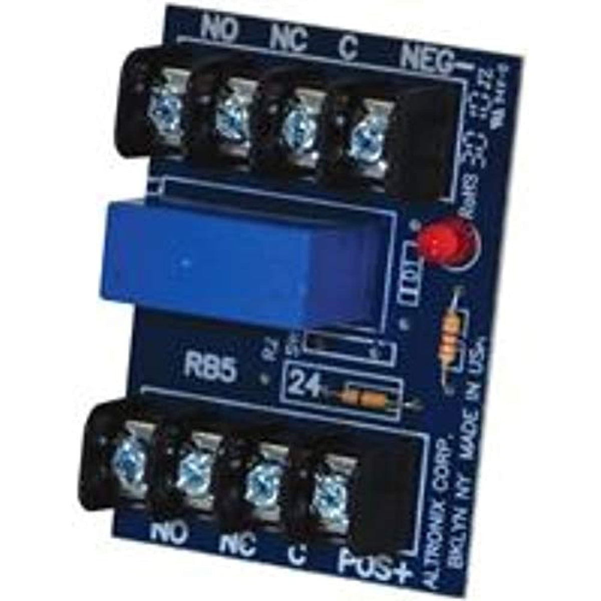 Electrical relay module with terminals and LED indicators on a white background