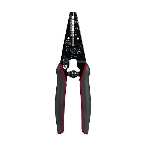 Pair of wire strippers with black and red handles on a white background