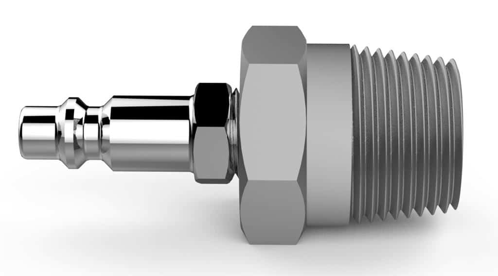 Metal fitting with threaded end on a white background