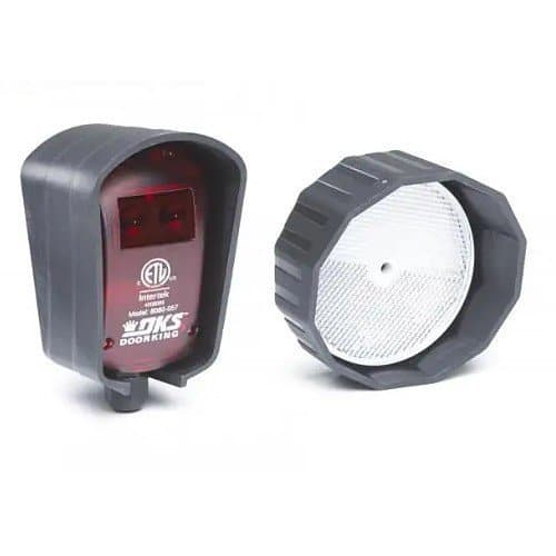 A two-piece retroreflective photo eye sensor kit on a white background