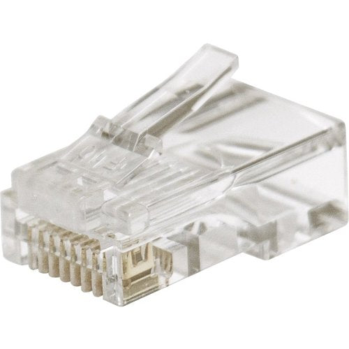 Clear Ethernet cable connector on a white background