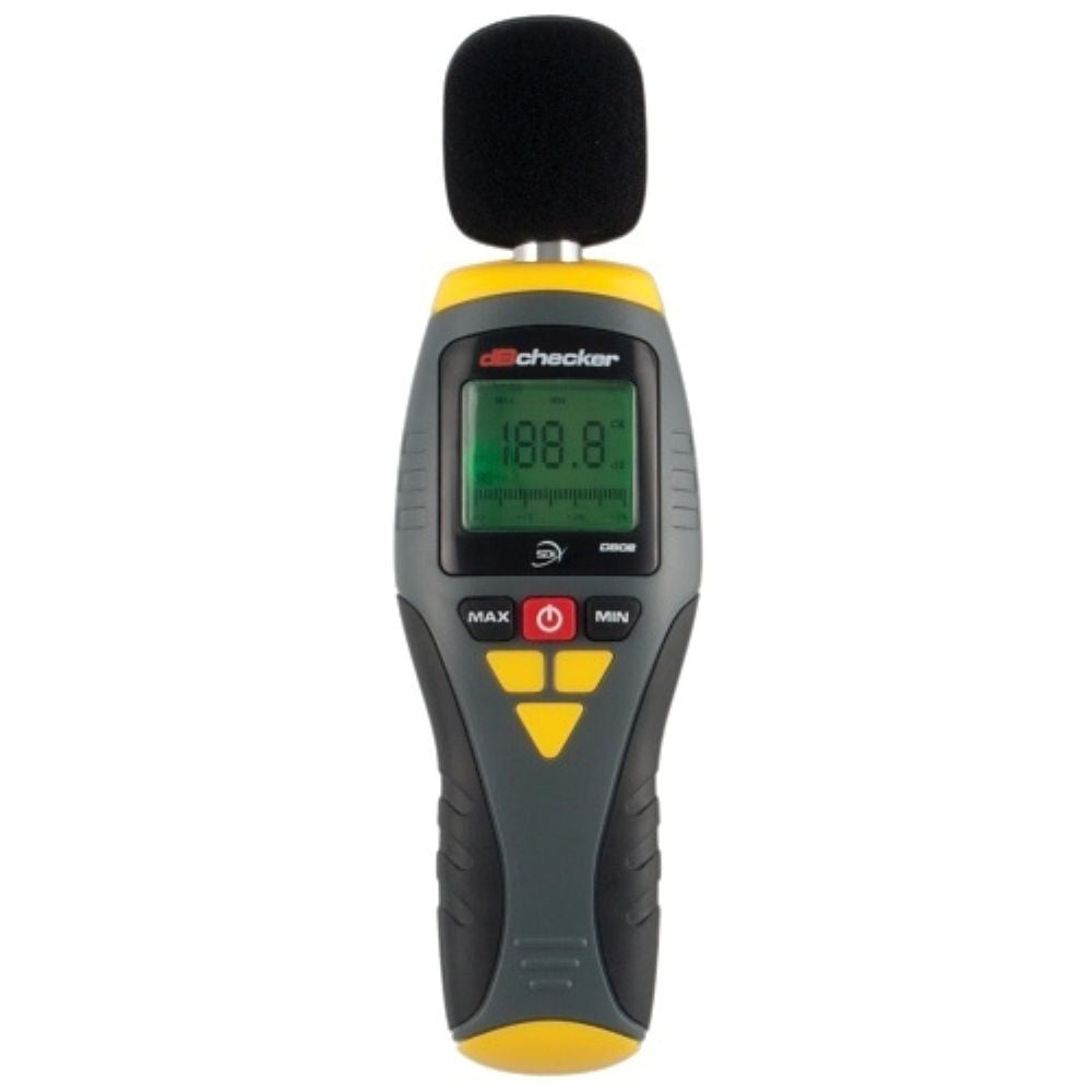 Sound level meter with digital display on a white background