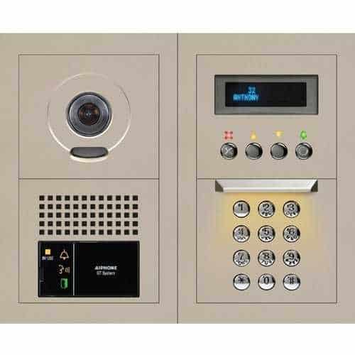 Video intercom system with camera, speaker, and keypad on a beige panel.