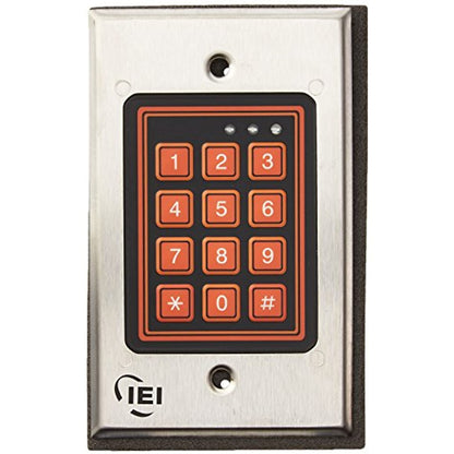 Keypad with orange buttons on a metallic frame, featuring the IEI logo.