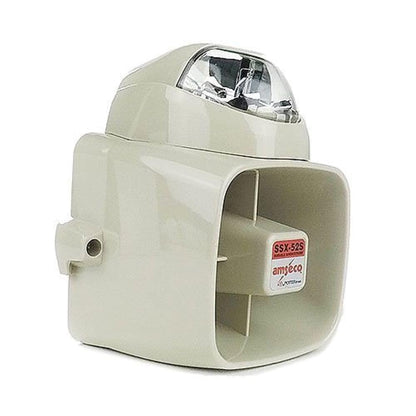 Beige outdoor notification siren  with clear lens on a white background