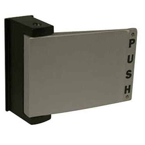Metallic door handle with 'PUSH' text on a white background