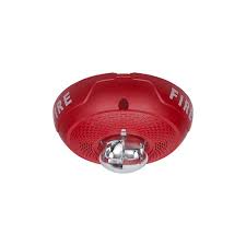 red fire alarm with clear strobe lens on white background