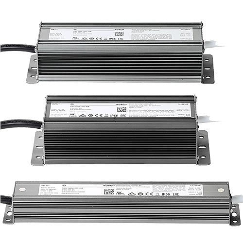 Three Bosch LED power supplies on a white background