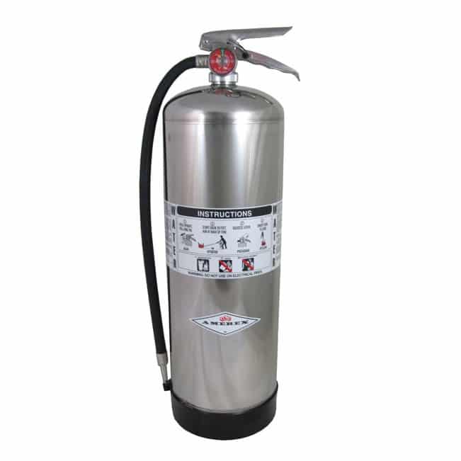 Silver fire extinguisher with Amerex branding on a white background