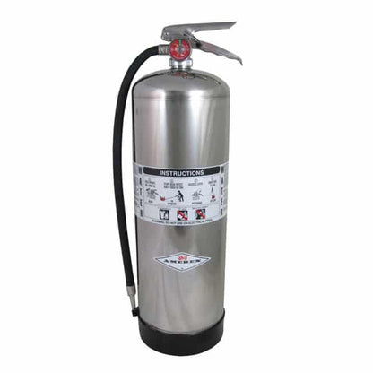 Silver fire extinguisher with Amerex branding on a white background