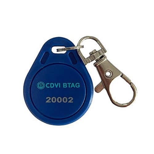 Blue key fob with metal clip on a white background