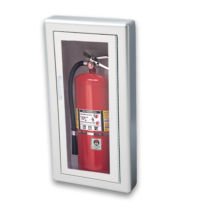 Red fire extinguisher in a white cabinet on a white background