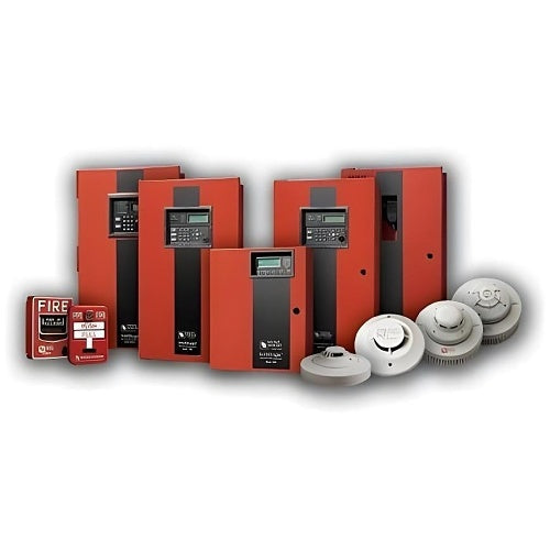 Red fire alarm control panels and smoke detectors on a white background